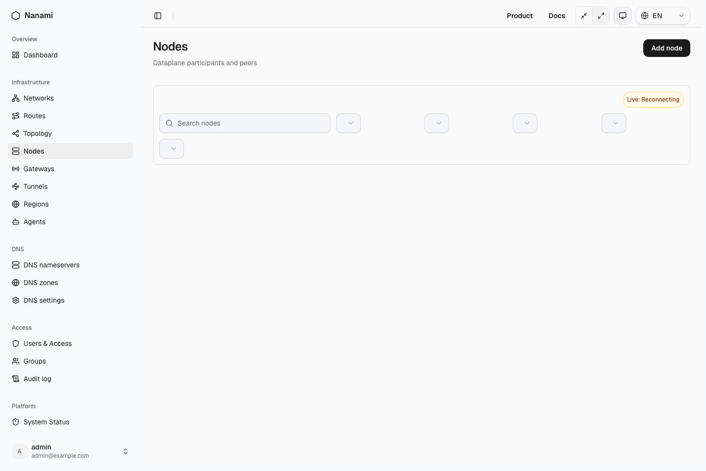 Nodes page with Add node